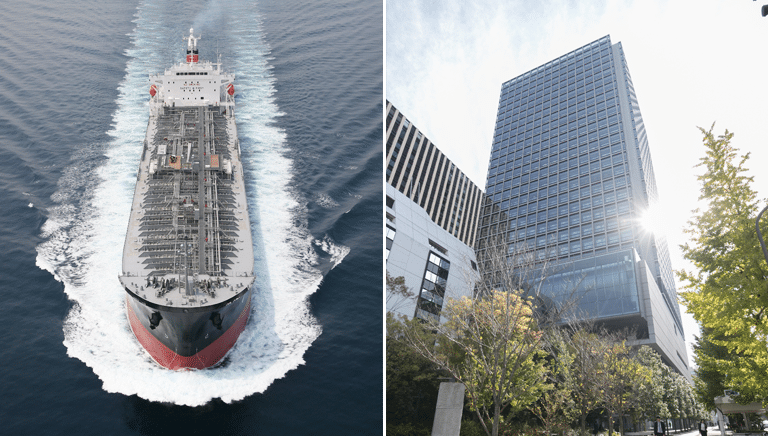 輸送船と飯野海運の建物外観